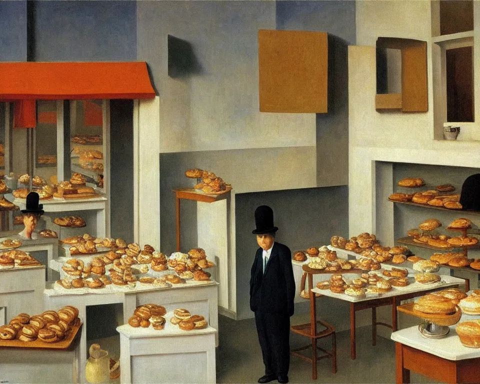 Prompt: achingly beautiful painting of a sophisticated, well - decorated bakery kitchen by rene magritte, monet, and turner.