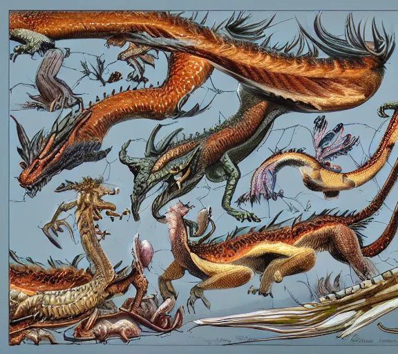 Prompt: an illustrated field guide to dragons showing examples of males and females of each spicies, biological illustrations, art by robert stebbins and terryl whitlatch and david sibley and john james audubon and charles darwin, highly detailed, intricately detailed, 8 k, trending on artstation