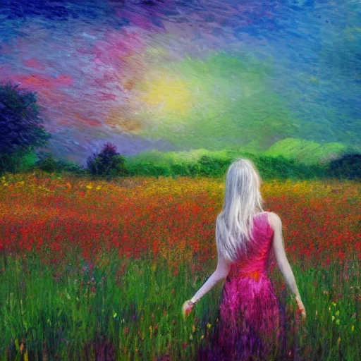 Prompt: woman standing in flower field, mattepainting, artstation, impressionism, big flower on shoulders