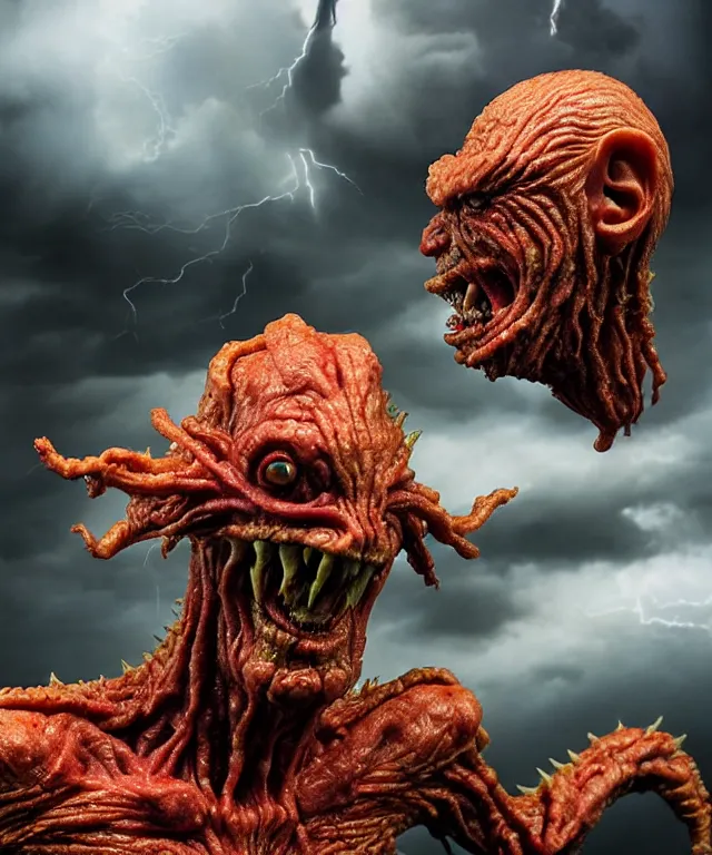 Prompt: hyperrealistic rendering, epic boss battle, cronenberg flesh monster overlord, by art of skinner and richard corben, product photography, collectible action figure, sofubi, hottoys, storm clouds, outside, lightning