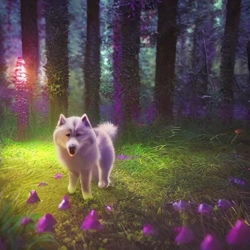 Prompt: flower alaskan malamute playing in a bioluminescent forest at dusk, octane render, unreal engine, colorful, beautiful