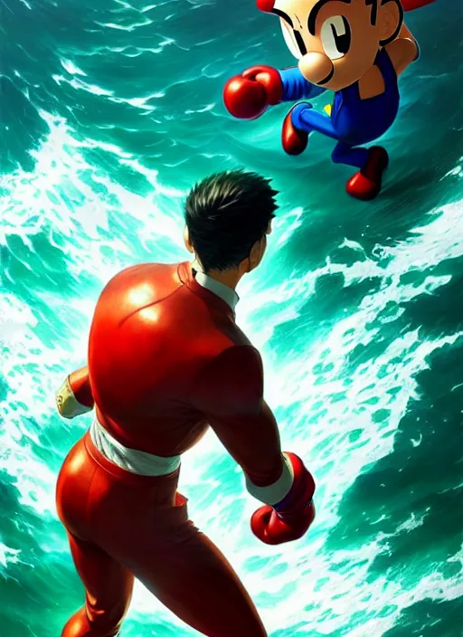 Prompt: gigachad luigi punching like saitama wearing a suit in the ocean, fantasy character portrait, ultra realistic, anime key visual, concept art, intricate details, smooth, sharp focus, illustration, highly detailed by greg rutkowski, ilya kuvshinov, gaston bussiere, craig mullins, simon bisley