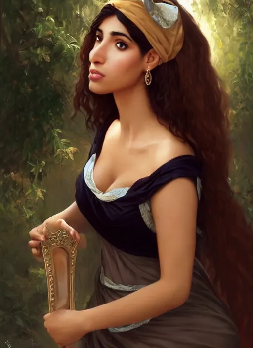 Prompt: beautiful voluptuous arab woman with long black hair, tan skin, curvy hourglass figure, round face, slight resemblance to ameera altaweel wearing a frilly disney princess dress headband, beautiful painting by artgerm and greg rutkowski lois van baarle and bouguereau