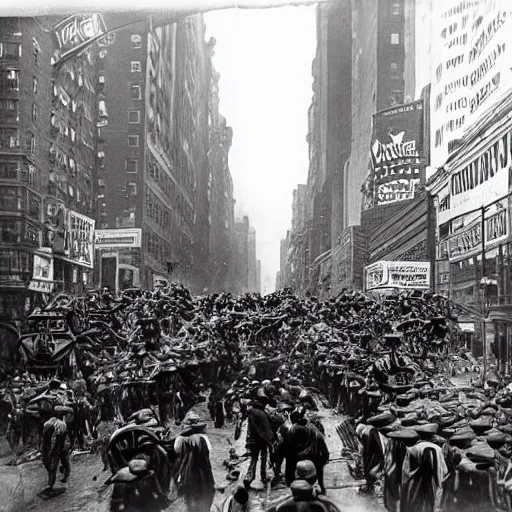 Image similar to old black and white photo, 1 9 1 3, depicting a giant biomechanical alien monster kaiju robot fighting the army through the bustling streets of new york city, historical record