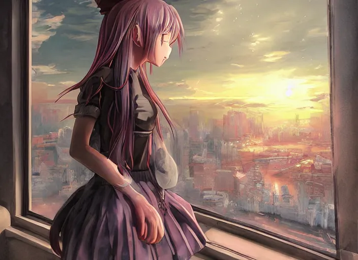 Image similar to anime girl in skirt looking out the window at megopolois and sunset, dynamic composition, motion, ultra-detailed, incredibly detailed, a lot of details, amazing fine details and brush strokes, colorful and grayish palette, smooth, HD semirealistic anime CG concept art digital painting, watercolor oil painting of Clean and detailed post-cyberpunk sci-fi close-up schoolgirl in asian city in style of cytus and deemo, blue flame, relaxing, calm and mysterious vibes,, by a Chinese artist at ArtStation, by Huang Guangjian, Fenghua Zhong, Ruan Jia, Xin Jin and Wei Chang. Realistic artwork of a Chinese videogame, gradients, gentle an harmonic grayish colors. set in half-life 2, Matrix, GITS, Blade Runner, Neotokyo Source, Syndicate(2012), dynamic composition, beautiful with eerie vibes, very inspirational, very stylish, with gradients, surrealistic, dystopia, postapocalyptic vibes, depth of field, mist, rich cinematic atmosphere, perfect digital art, mystical journey in strange world