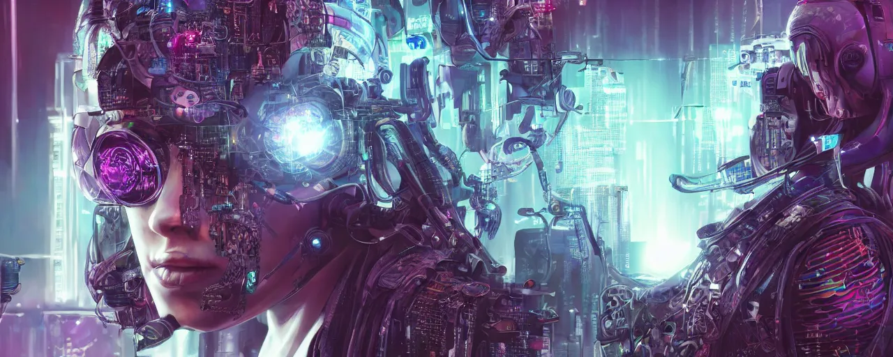 Image similar to portrait of a cyberpunk sci-fi artificual intelligence machine, third person, D&D, sci-fi fantasy, intricate, hologram colors , highly detailed, art by Range Murata, highly detailed, isometric 3d, octane render, bright colors, digital painting, trending on artstation, sharp focus, illustration style of Stanley Artgerm,