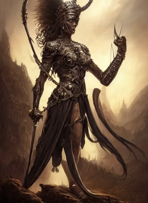 Prompt: full portrait of a warrior queen, black metal shiny skin. intricate, elegant, highly detailed, centered, digital painting, artstation, concept art, smooth, sharp focus, illustration, artgerm, tomasz alen kopera, peter mohrbacher, donato giancola, joseph christian leyendecker, wlop, frank frazetta