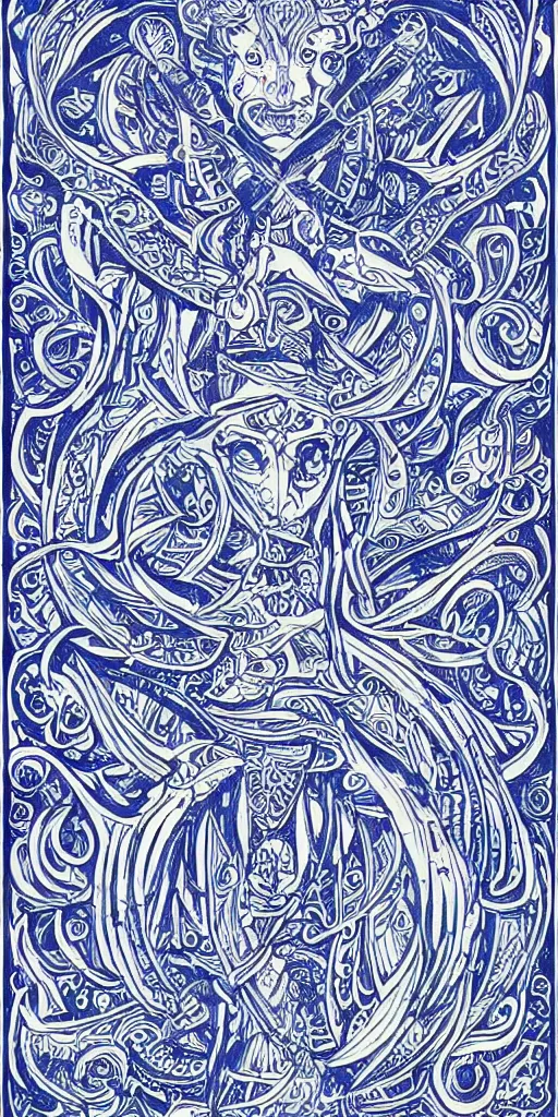 Image similar to blue paper + an intricate gemini depiction + symmetry + elaborate ink illustration