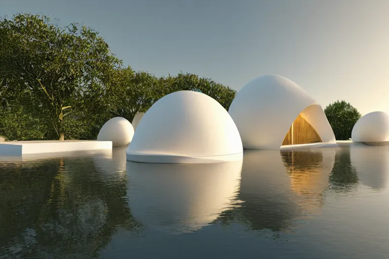 Image similar to a lot of white egg shaped spherical spaces are combined and intersected to form a skum white building. on the calm lake surface, people's perspective, future, interior wood, marble, award winning, highly detailed 4 k art, dusk, unreal engine highly rendered, global illumination, radial light, internal environment