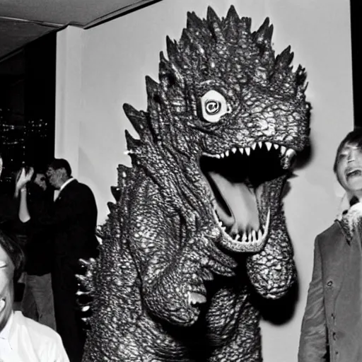 Image similar to extremely realistic toho godzilla partying at studio 5 4 b & w grainy photograph lots of celebrities including very realistic andy warhol