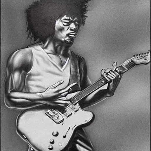 Prompt: jimmy hendrix playing guitar, ultra realistic face and body dimensions, by michelangelo, pinterest