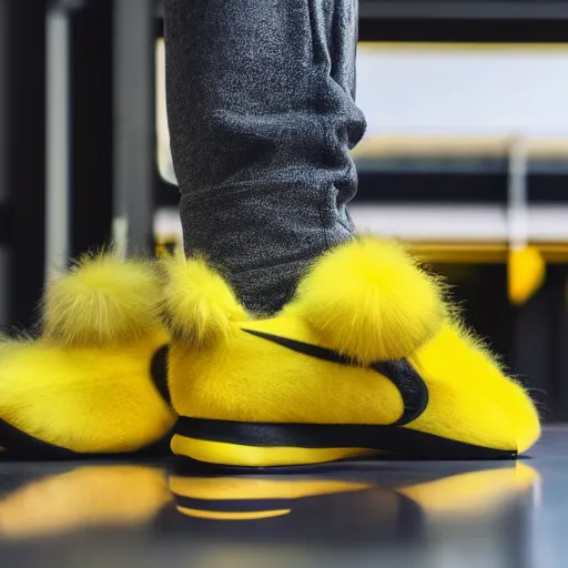 Image similar to nike pikachu model shoe made of very fluffy yellow faux fur placed on reflective surface, professional advertising, overhead lighting, heavy detail, realistic by nate vanhook, mark miner