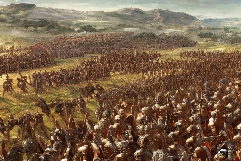 Prompt: Wide shot of epic distant battle of Cannae 216 BCE, with republic-era Roman soldiers in formations, Carthaginian phalanxes in formations, overlooking river Aufidius Italy, intricate, elegant, highly detailed, trending on Artstation, cgsociety