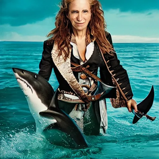 Image similar to a Swashbuckling pirate wearing her best shark skin, photo by annie Leibowitz