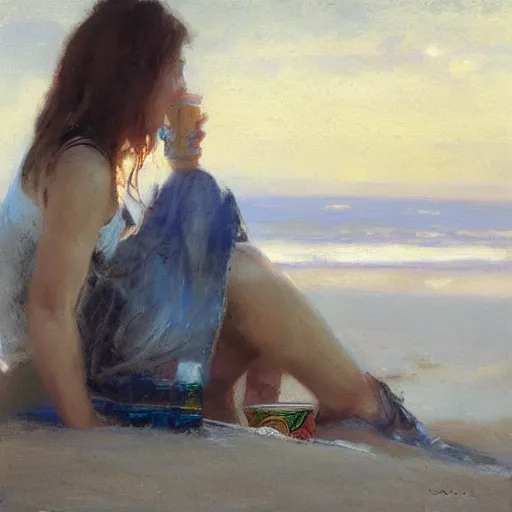 Image similar to “ a girl sitting on rockaway beach drinking a can of beer, morning light, by daniel gerhartz ”