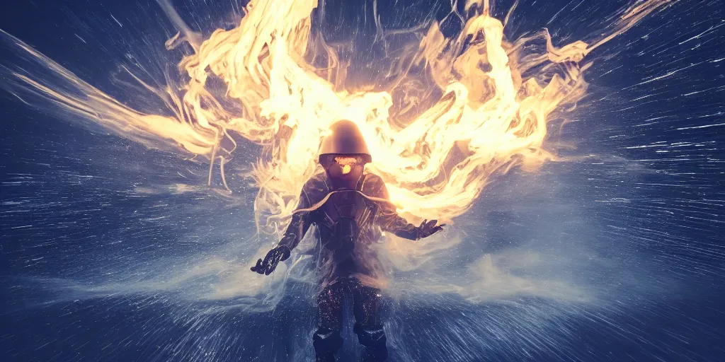 Image similar to VHS music video fisheye slow motion with lines of fire and smoke effect of futuristic break dancer wearing long dark cloak and golden helmet emitting fire and crystals, long exposure shot , enigmatic, at night half submerged by water, paddle of water, steam, fog, water splashes, rim lights, glossy reflections, water droplets on lens, octane render, Volumetric dynamic lighting, stunning cover magazine, high details, hajime sorayama