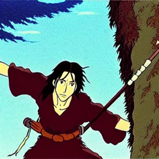 Image similar to a still of keanu reeves in princess mononoke ( 1 9 9 7 ) studio ghibli art style. hayao miyazaki imagination