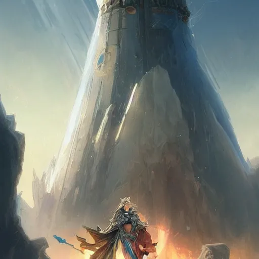 Image similar to paladin with white hair in magical full plate holding a large glowing tower shield standing in front of an airship, heroic, epic, D&D, trending on artstation, 4k, art by Greg Rutkowski and Alphonse Mucha