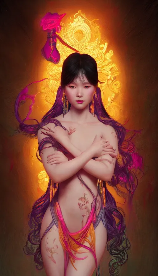 Image similar to mythology, neon, Female Ancient China Dance Vol 01 - Reference Pictures artstation, fibonacci, sweat drops, insane, pinup, intricate, highly detailed, digital painting, artstation, concept art, smooth, sharp focus, illustration, Unreal Engine 5, 8K, art by artgerm and greg rutkowski and alphonse mucha