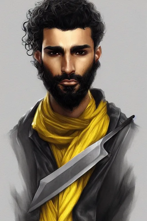 Image similar to Arab man light beard, curly hair, swordsman, modern, hero, leather , yellow and charcoal, character concept art, costume design, trending on artstation, Artgerm , WLOP