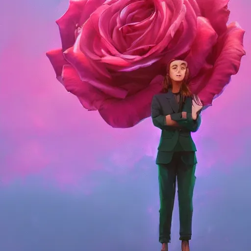 Image similar to closeup, large rose flower head, frontal, girl in a suit, surreal photography, sunrise, dramatic light, impressionist painting, digital painting, artstation, simon stalenhag