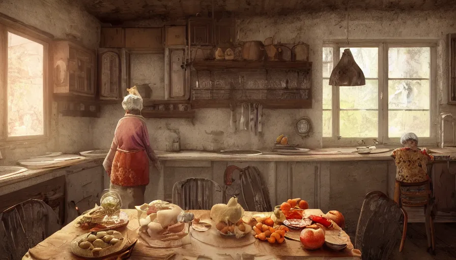 Prompt: old polish lady cooking in an old kitchen, old 1 8 0 0's house, pan and plates, fruits and legumes, old wooden tables and chairs, hyperdetailed, artstation, cgsociety, 8 k