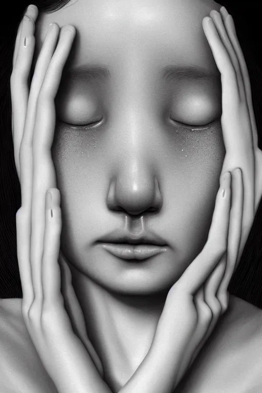 Image similar to hyperrealistic photography of a beautiful crying woman looking at her hands in the style of jin kagetsu, james jean, chris cunninham, hans bellmer and wlop, highly detailed, face symmetry, masterpiece, award - winning, sharp focus, intricate concept art, ambient lighting, 8 k, artstation