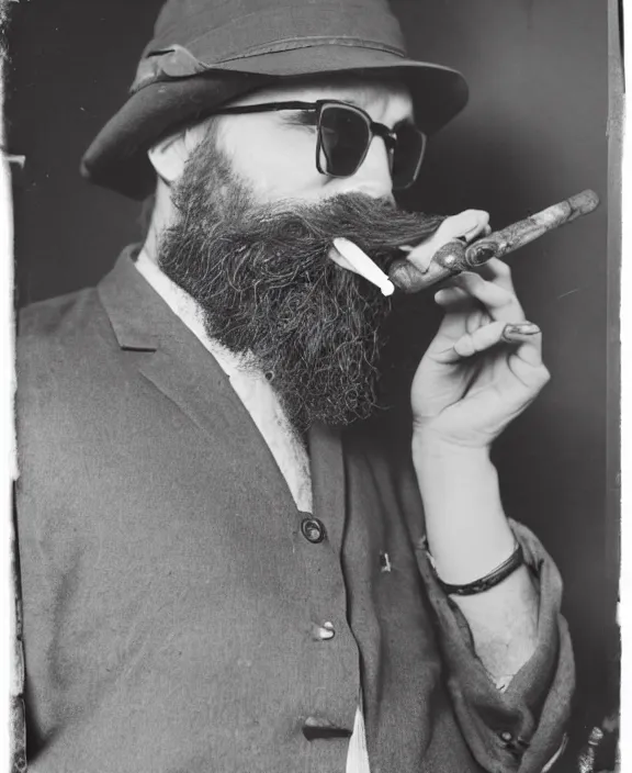 Prompt: a vintage photo medium shot of a man with a bushy beard smoking a pipe in his mouth wearing a grey hat and sunglasses.