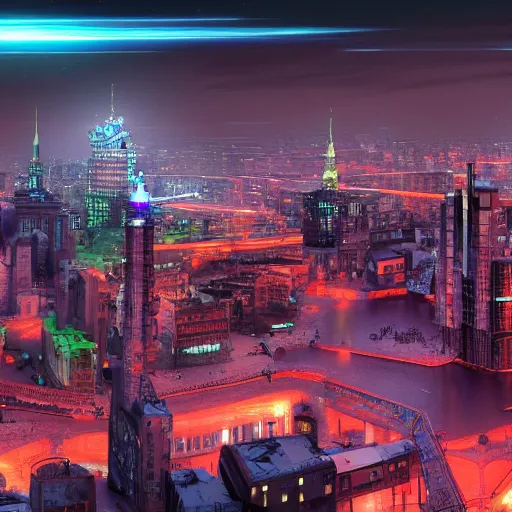 Prompt: panoramic view on the old town of riga in year 2 1 0 0, cyberpunk, futuristic, neon