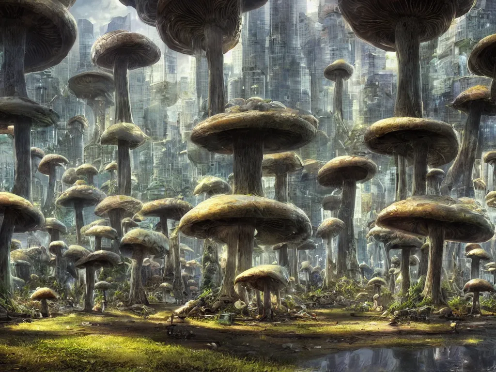 Prompt: a group of mushroom like structures in seattle city, a detailed matte painting by stephan martiniere, featured on cgsociety, afrofuturism, apocalypse landscape, matte painting, apocalypse art