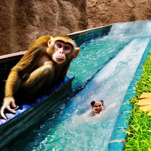 Prompt: photo of a happy monkey sliding down a waterslide, 4 k, full hd, reallistic, highly detailed