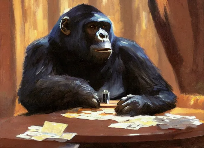 Prompt: gorrila with a bear, playing poker highly detailed beautiful, by gregory manchess, james gurney, james jean