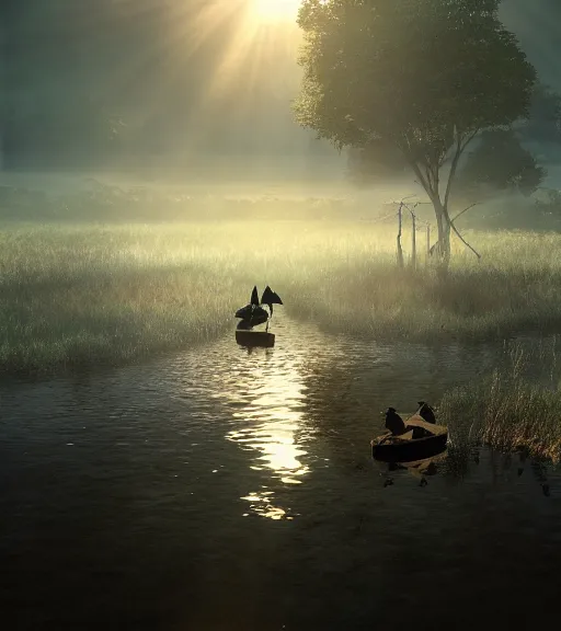 Image similar to three humanswith a reflection of three crows in a boat in a swamp, volumetric lighting, fog, majestic light, octane render, ethereal glare of the sun, hyperrealistic, epic, masterpiece, by makoto shinkai