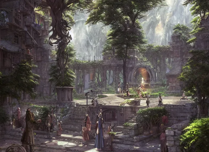 Prompt: Blacksmith inside a beautiful elven city made of white marble, anime, lush trees, fountain, a fantasy digital painting by Greg Rutkowski and James Gurney, trending on Artstation, highly detailed
