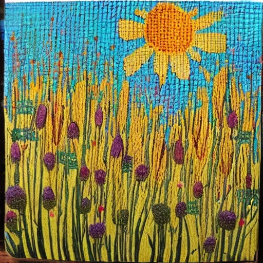 Image similar to weaved wildflowers seem to cover nearly every inch of the canvas. they look golden in the sunshine and seem to stretch down towards a slumbering cat. a large black crow is perched upon the cats back