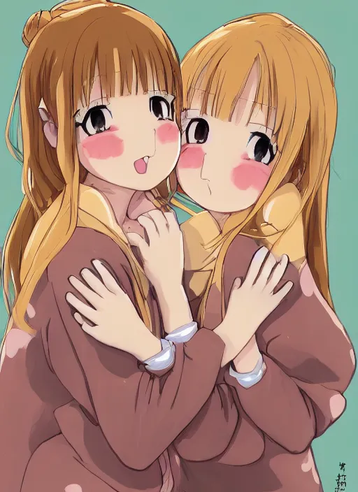 Image similar to highly detailed portrait of one blonde and one brown haired anime girl in onesies hugging each other looking at us, detailed eyes, happy, excited, digital art, cute, anime, detailed faces, well drawn faces, cute faces, hand drawn, 8 k, trending on artstation, official media, in the style of hayao miyazaki