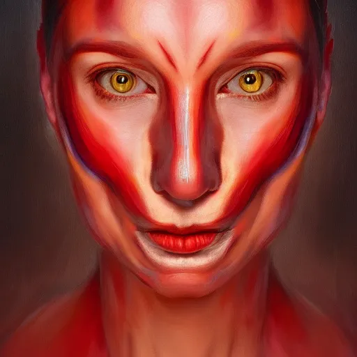 Prompt: a portrait of an intensely lit spiraling stretched face, red, oil painting, pale colors, high detail, 8 k, wide angle, trending on artstation,