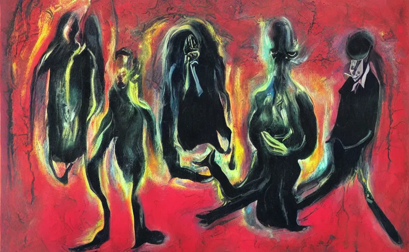 Prompt: men in black, transmutation of the physical into the digital, grotesque, doomed, acrylic paint, high resolution, gouache on canvas, vibrant colors, grotesque, wrapped thermal background, art francis bacon