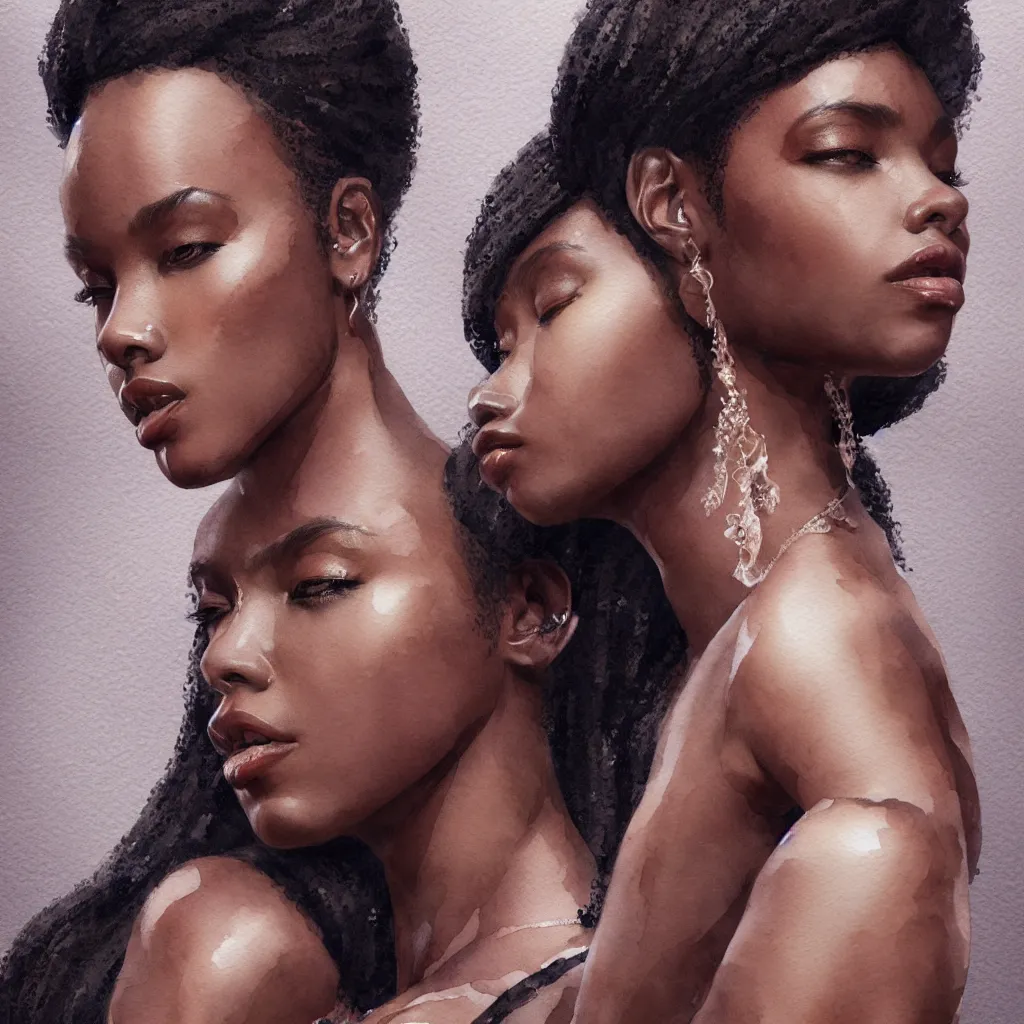 Image similar to beautiful watercolor painting of black women, intricate, elegant, highly detailed, digital painting, artstation, concept art, smooth, sharp focus, dynamic lighting, ultrarealistic, cinematic, octane render, 8 k