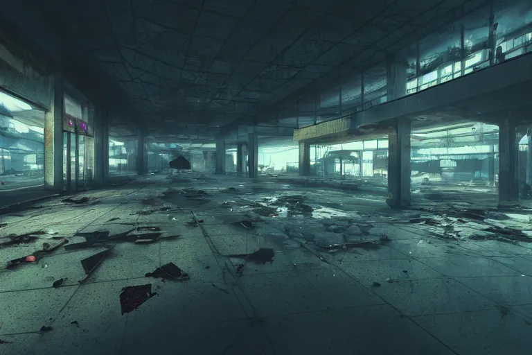 Image similar to low angle photo of a abandoned cyberpunk shopping mall, a crew of high tech soldiers are in, cinematic lightning, ray tracing, unreal engine, photorealistic fps game concept art, detailed, dark, moody, foggy