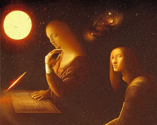 Image similar to burning the midnight oil in the universe, a simple vector pop surrealism, by ( leonardo da vinci ) and greg rutkowski and rafal olbinski