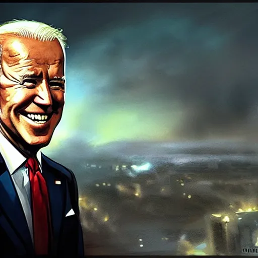 Image similar to joe biden smiling while behind him the world is burning, dramatic lighting, cinematic, establishing shot, extremly high detail, photorealistic, cinematic lighting, artstation, style by James Gurney