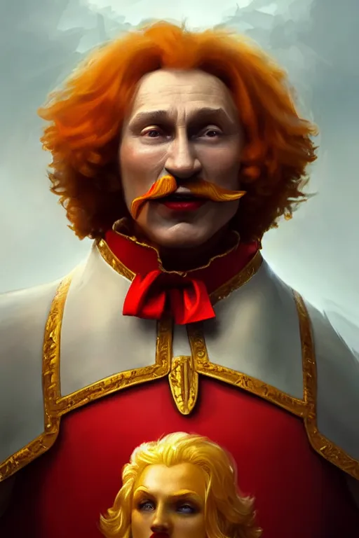 Image similar to / vladimir putin as ronald mcdonald, closeup, d & d, fantasy, intricate, elegant, highly detailed, digital painting, artstation, concept art, matte, sharp focus, illustration, hearthstone, art by artgerm and greg rutkowski and alphonse mucha