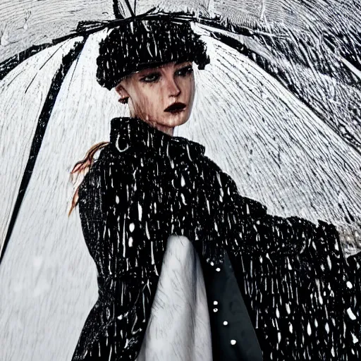 Image similar to close up of a wet fashion model in luxury dress, rainy, official dior editorial, highly detailed