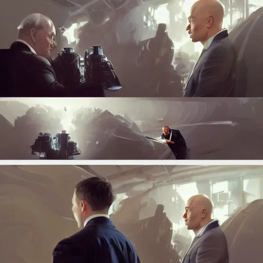 Image similar to illustration of a meeting between elon musk, mark zuckenberg, jeff bezos, very clear face, high quality, very detailled, by artgem, greg rutkowski, ruan jia