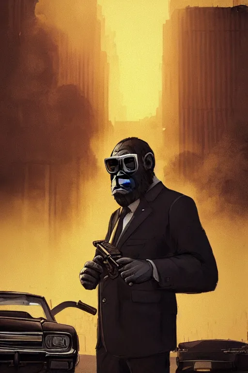 Prompt: an ape wearing full suit and holding a machine gun on his shoulder, wearing sunglasses and smoking a big cigar, 8k hyper realistic, sunset, gta v street style, 1980 cars, smokes and fog with cinematic lighting and volumetric rays, fine art, artstation, matte painting, masterpiece by vasnetsov