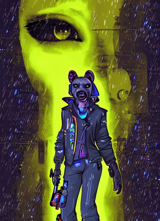 Image similar to digital artwork of anthromorphic hyena female drawn in style of dai. dai, fursona, furry fandom, neon rainy cyberpunk setting, anthro, wearing cyberpunk 2 0 7 7 jacket, detailed face,