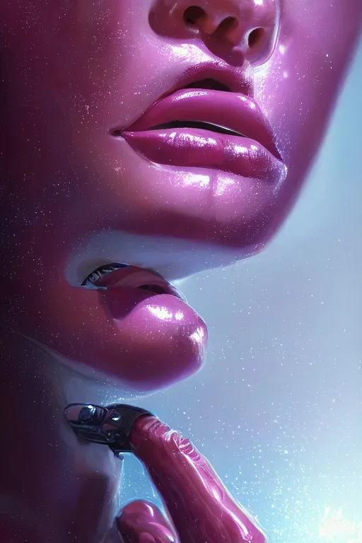 Image similar to attractive female i robot sticking tongue out sensually and sweating, close - up portrait, intricate, elegant, purple volumetric lighting, scenery, digital painting, highly detailed, artstation, sharp focus, illustration, concept art, luis rollo, ruan jia, steve mccurry, john berkey