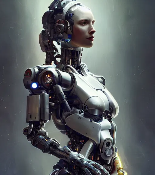 Image similar to ultra realistic full shot of a beautiful cyborg girl with mechanical arms, cyberpunk, sci - fi, fantasy, kodak, colour led, soft light, volumetric lighting, night, intricate, elegant, highly detailed, digital painting, artstation, concept art, smooth, sharp focus, illustration, art by artgerm and greg rutkowski and alphonse mucha