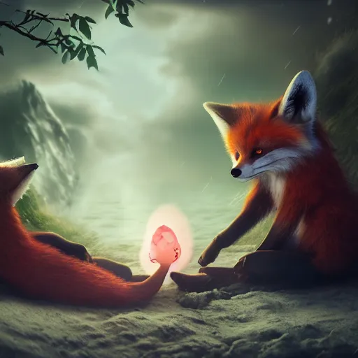 Prompt: my little everything, happy brave magical cuteness, fantasy fox love, foxes holding hands side by side in the scary stormy sea, he holds her while she sleeps, hyper - realism, 8 k octane render